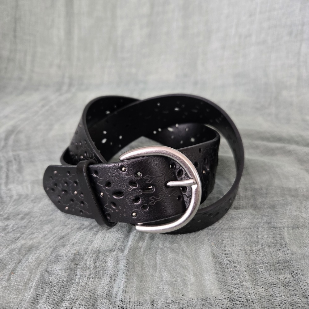 Target Women's Black Bonded Leather Belt Cutout Design Silver Tone Buckle S